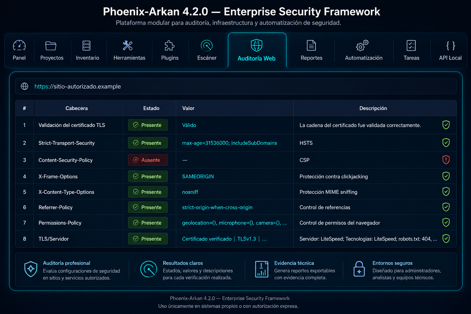 Interfaz de Phoenix-Arkan Enterprise Security Framework